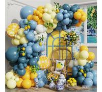 Amalfi Coast Kit d'arche de ballons 144 ballons bleus et jaunes blancs avec ballons citron pour enterrement de vie de jeune fille, fête prénuptiale, décorations de fête d'anniversaire sur le thème du