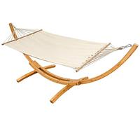 AMANKA Hamac XXL avec Support en Bois de Mélèze - Charge Maximale 150 Kg - pour 2 Personnes - Toile de Coton Suspendue - Structure Stable et Durable avec Mousquetons - Accessoire de Détente