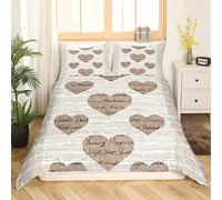 Amant Housse de Couette Beige Marron Femmes Filles Grain de Bois Ensemble de Literie Mot Imprimer Couples Coeur Motif Housse de Couette Ensemble Rétro Romance 3 pièces pour Chambre Décor 220x240cm