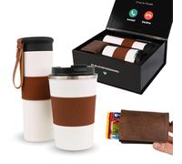 AMARA GIFT - Pack Cadeau: Bouteille Isotherme + Récipient Isolant Café + Portefeuille en Cuir. Idée de Cadeau Homme, Femme Original et Cadeau d' Anniversaire