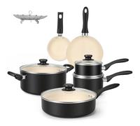 Amazon Basics 11 pièces ustensiles avec casseroles et poêles antiadhésives en céramique, noir et crème
