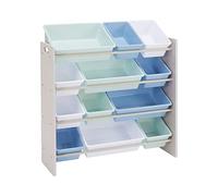 Amazon Basics 12 Niveaux Rangement pour jouets avec 12 bacs en plastique - Bois gris avec bacs bleus,86 D x 32.5 W x 90 H cm