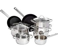 Ensemble de 11 pièces de batterie de cuisine Amazon Basics, en acier inoxydable, compatible avec les plaques à induction, avec couvercles, de couleur argentée