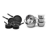 Amazon Basics Batterie de cuisine anti-adhésive 8 pièces & Relaxdays 10019118 Lot de 5 pièces empilables 3 bols en acier inoxydable avec couvercle 1 saladier 1 Passoire Inox, argenté -30 x 24 x 10 cm