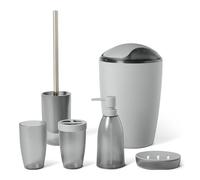 Amazon Basics Ensemble d’Accessoires de Salle de Bain avec Porte-Brosse à Dents, Distributeur de Savon, Porte-Savon, Gobelet, Poubelle, Brosse pour WC et Support, Gris