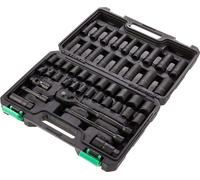 Amazon Basics Jeu d'entraînement 3/8 pouces avec 6 douilles plates et profondes et une liquet réversible 72 dents, SAE/métrique, 46 pièces avec coffret de transport, 13.1 x 9.7 x 3 pouces