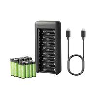 Amazon Basics Lot de 8 piles rechargeables NiMh AAA 800 mAh + lot de 8 piles rechargeables NiMh AA 2000 mAh, avec chargeur de piles à 8 baies sans adaptateur d'alimentation CA port USB-C 16 unité Noir