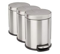 Amazon Basics Petite poubelle ronde cylindrique à fermeture en douceur avec pédale pour salle de bain et petit espace, 5 l, acier inoxydable brossé (Lot de 3)