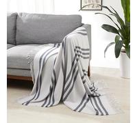 Amazon Basics Plaid de chambre décoratif polyester Couverture jetée de canapé, 127 x 152 cm, Gris Clair À Rayures Bleues