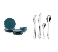Amazon Basics Service de table 18 pièces en grès, pour 6 personnes, Bleu sarcelle foncé & Amefa Instinct Ménagère 24 pièces - Coffret 6 personnes, Acier inoxydable, Finition brillante, 13,7x7x26,5cm