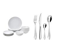 Amazon Basics Service de table 18 pièces - Porcelaine blanche coupée, pour 6 personnes & Amefa Instinct Ménagère 24 pièces - Coffret 6 personnes, Acier inoxydable, Finition brillante, 13,7x7x26,5cm