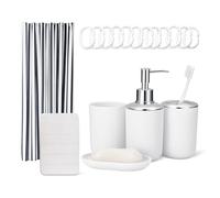 Amazon Basics Set d'Accessoires Salle de Bain : Rideau de Douche avec Crochets, Tapis de Bain Memory Foam, Distributeur de Savon, Porte-Savon, Porte-Brosse à Dents & Gobelet, Blanc