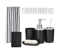Amazon Basics Set d'Accessoires Salle de Bain : Rideau de Douche avec Crochets, Tapis de Bain Memory Foam, Distributeur de Savon, Porte-Savon, Porte-Brosse à Dents & Gobelet, Noir