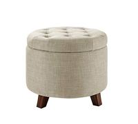 Amazon Basics Tabouret de rangement rond, rembourré et touffeté, ottoman ronde, entrée, couloir, salon, lin, beige, 50.8 x 43.2 x 50.8 cm