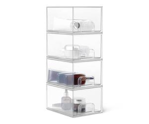Amazon Basics Tiroirs de Rangement Empilables en Plastique, Organisateur de Maquillage, Transparent, 19.1 x 15.2 x 11.4 cm, Lot de 4
