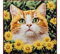 AMBATTERY Coussin Point de Croix Gros Trou, Fleurs jaunes et chat Coussin à Broder Fait Main 45X45cm Coussin Brodé Coussin À Broder Fait Main Kit Complet Coussin Point De Croix 45 * 45cm