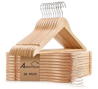Amber Home Lot de 20 Cintres en Bois Naturel 44.5cm, Robustes et Lisses, pour T-Shirts Costumes Chemise Manteaux Robe, avec Encoches et Barre