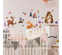 Ambiance Sticker Mural Renards Lapins et Ours, 40 x 40 cm | Stickers muraux forêt, autocollant fond translucide, stickers lapin et animaux des bois, vitres et murs colorés