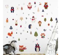 Ambiance Sticker Noël Merry Christmas Autocollants Stickers Adhésifs Noël Décoration Fêtes pour Chambre et Salon Animaux de la Forêt du Réveillon - H90 x L100 cm