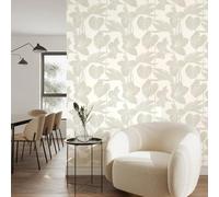 Ambiance Sticker Papier Peint Intissé Pré-encollé Rouleau Wallpaper Tropical Fleurs et Feuilles Grises Adhésif Décorative - 1 Roulle de H300 x L60 cm