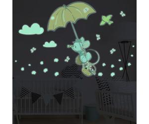 Ambiance Sticker Phosphorescent Lumineux Autocollant Mural Plafond Enfant Fluorescent Souris en Parapluie - H65 x L40 cm