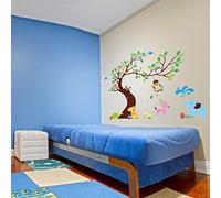 Ambiance Sticker Stickers Adhésifs Enfants Autocollant Géant Arbre, Singes et Éléphant Décoration Murale Chambre Enfants - 2 Planches de H90 x L60 cm
