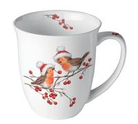Ambiente Tasse à café Tasse à thé 0,4 l en porcelaine fine Série Noël Robin Rouge-gorge oiseaux branches hiver Noël Avent