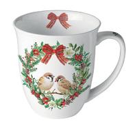 Ambiente Tasse à café Tasse à thé 0,4 l en porcelaine fine Série Sparrows in Wreath Oiseaux moineau branches hiver Noël l'Avent
