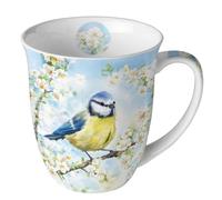 Ambiente Tasse en porcelaine Blossom Time, tasse en porcelaine avec motif mésange bleue et fleurs, 400 ml, Ø 10 cm x H 10,5 cm