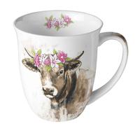 Ambiente Tasse en porcelaine Bone China - Avec motif vache et fleurs - 400 ml - Diamètre : 10 cm - Hauteur : 10,5 cm - Pour thé ou café Berta