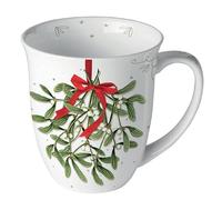 Ambiente Tasse en porcelaine d'environ 400 ml Tasse en porcelaine d'os Tasse pour thé ou café Automne Hiver Noël Noël Bonbons avec arc blanc