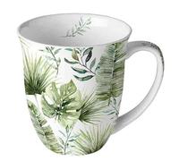 Ambiente Tasse en porcelaine d'environ 400 ml Tasse en porcelaine fine pour thé ou café Motif floral été printemps Jungle Leaves blanc
