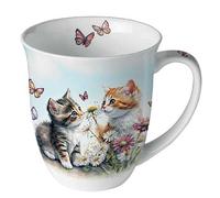 Ambiente Tasse en porcelaine d'environ 400 ml Tasse en porcelaine pour thé ou café Printemps Été Chatons dans le champ de fleurs