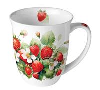 Ambiente Tasse en porcelaine Juicy Strawberries, Bone China, 400 ml, blanc avec motif fraises, 10 cm de diamètre