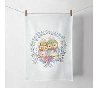 Ambiente Torchon de cuisine en coton 50 x 70 cm avec motif hiboux et couronne - Résistant et facile d'entretien - Pour le printemps et l'été - Torchon de cuisine - Torchon de cuisine Oiseaux Blanc