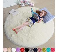 Amdrebio Tapis rond à poils longs et moelleux pour chambre d'enfant, salon, chambre d'enfant, dortoir, adolescent, fille, garçon, blanc ivoire, 122 cm