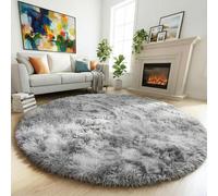 Amdrebio Tapis rond à poils longs et pelucheux pour salon, chambre à coucher, chambre d'enfant, bureau, tapis d'intérieur en peluche, gris clair, tie and dye, 1,5 m