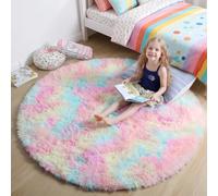 Amdrebio Tapis rond moelleux arc-en-ciel pour chambre de fille, tapis coloré pastel à poils longs, tapis kawaii doux et pelucheux pour chambre de bébé ou salle de jeux, 1,2 m