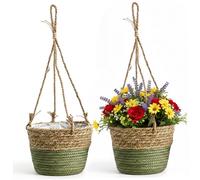 Ameble Lot de 2 paniers Suspendus en jonc de mer Naturel avec Cintre en rotin tissé à la Main pour décoration d'intérieur bohème, présentoir Plantes pour Jardin, terrasse, Balcon et Salon, Vert
