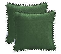 AmeliaHome Lot de 2 taies d'oreiller avec Pompons surpiqûre ultrasonique des Deux côtés 45 x 45 cm Vert foncé