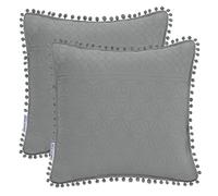 AmeliaHome Lot de 2 taies d'oreiller avec Pompons surpiqûres ultrasoniques des Deux côtés 45 x 45 cm Gris Meadore