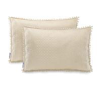 AmeliaHome Lot de 2 taies d'oreiller avec Pompons surpiqûres ultrasoniques des Deux côtés 50 x 70 cm Beige