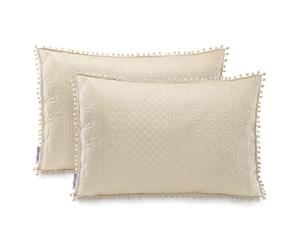 AmeliaHome Lot de 2 taies d'oreiller avec Pompons surpiqûres ultrasoniques des Deux côtés 50 x 70 cm Beige