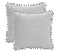 AmeliaHome Meadore Lot de 2 taies d'oreiller avec Pompons Double Face surpiqûre ultrasonique 45 x 45 cm Argenté