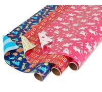 American Greetings Lot de 3 rouleaux de papier cadeau d'anniversaire réversible pour enfants, dinosaures et licornes (11,1 m²)
