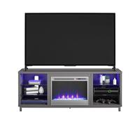 Ameriwood Home Lumina Meuble TV avec cheminée 70", Insert de cheminée électrique remplaçable, télécommande, minuterie, lumières LED changeant de Couleur, Flammes cristallines, Gris Graphite