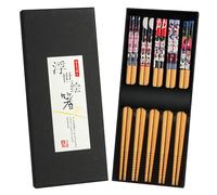 AMFUN 5 Paires Baguettes Chinoises, 22.5cm Baguettes en Bois, Chat Porte-bonheur Antidérapant Chopsticks, Réutilisable Bambou Naturel Baguette pour Maison Cuisine Hôtel