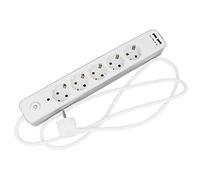 Amig, Base Multiple Mod.5510 ou multiprise avec 5 Prises ou Prises Schuko avec Prise de Terre et Interrupteur + 2 Prises USB Max 2,1 A, Câble 3G 1,5 mm² : 1,4 m, Blanc et Argenté