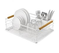 Amig - Égouttoir Graz II Blanc - 42 x 31,5 x 15 cm - Acier avec Poignée en Bois - Couleur Blanche - Égouttoir avec Plateau de Goutte et Support pour Couverts - Capacité 10 Assiettes et 6 Verres