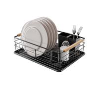Amig - Égouttoir Graz II Noir - 42 x 31,5 x 15 cm - Acier avec Poignée en Bois - Égouttoir avec Plateau d'Égouttage et Support pour Couverts - Capacité pour 10 Assiettes et 6 Verres - Couleur Noir